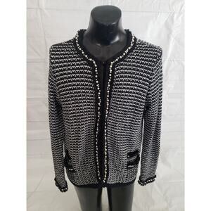 Alex Marie Cardigan Sweater Womans XL Black White Faux Pearls Hook Front Elegant